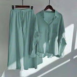 Fashion Lapel Women Two Piece Suit Cotton Linen Shirt High Waist Casual Pants Oversized Suit Women Sweatshirt