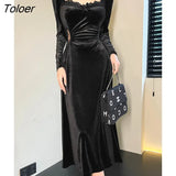 Sexy Velvet Dress Elegant Square Collar Women Bow Long Sleeve Bodycon Punk Rave Party Clubwear Aesthetic
