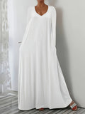 New Long Dress Casual Loose Short Sleeve Pure Color V Collar Body Size
