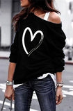 Women's Pullover Sweatshirt Heart Printed Long Sleeve One Shoulder Tops Autumn Winter Sweat Shirts Woman Casual
