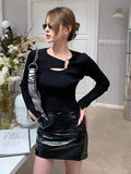Korean Fashion Cut Out Sweater For Women Round Neck Long Sleeve Solid Minimalist Knitting Pullover Female