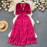 French Folds Long Dress Lapel V Neck Senior Ruff Sleeve Slim Ladies Summer Fashion Elastic Solid Sweet Sexy
