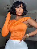 Sisterlinda Summer Slim Trend T-shirts Women Asymmetrical V Neck One-Shoulder All-Match Top Female Party Clubwear