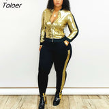 Gold Silver Sequin Patchwork 2piece Matching Tracksuit Set Women Streetwear Fall Black Jacket Pants Side Stripe