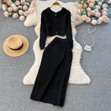 Female Solid OL Knitted Suits Short Button Sweater Cardigan+Midi Long Bodycon Split Skirt Autumn Warm Two Pieces