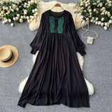 Industry Embroidery Loose Holiday Dress Women Large Size Show Lean Meat Sweet Tie With Round Lantern Sleeve