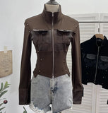 Modern Zipper Collar Spliced Pu Leather Shirt Babes Short Jacket Coat Fur Coat