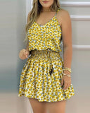 Women Sexy V Neck Drawstring Shirring Detail Floral Print Mini