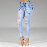 Jeans High Waisted Straight Skinny Stretchy Pant Streetwear Ladies Hole Washed Bandage Denim Pencil Pants Trousers