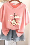 100% Cotton M-6XL T Shirt Chinese Lute Print Tshirt Short Sleeve Women's Top Summer Couple V Neck Oversized T