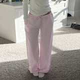 Street Trend Loose Waist Wide Legs Pink Woven Overalls Hot Girls Low Waist Leisure Trousers New Summer Style-Outfit