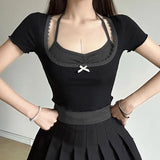 Bow Square Collar Waist Shows Thin Collision Color Two-Piece T-Shirt Sweet Girl Hanging Neck Short-Sleeved Blouse-Outfit