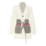 Women Black Tweed Pocket Elegant Long Blazer New Lapel Long Sleeve Loose Fit Jacket Fashion Spring Autumn 2023