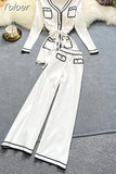 And Winter Long-Sleeve Knit Suits Lace-Up Waist Mid-Length V-Neck Cardigan + Wide-Leg Pants Two-Piece Outfits