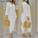 Summer Casaul Women Home Wear Solid Suit Sets Long Sleeve Plain Bell Sleeve V-Neck Top & Pants