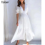 Elegant Organza Long Dress Women Summer Elastic Waist V Neck Puff Sleeve Split Hem White Vestidos Boho Beach Dresses