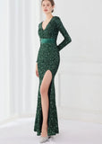 Winter Elegant Deep V Neck Long Sleeve Slit Cocktail Eevening