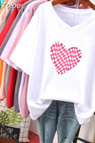 100% Cotton L-6XL T Shirt Plus Size Tshirt Short Sleeve Women Top Summer Heart Print Couple V Neck Oversized T