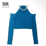 2021 Autumn knitted Sweater Women Long Sleeves Basic Knit Tops Off the Shoulder Sexy Pullovers Chain Diamond