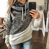 Leopard Print Sweatshirts Women Casual Turtleneck Long Sleeve Hoodies Fashion Drawstring Patchwork Female Pullovers