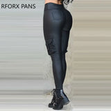 Women Casual High waist Zipper PU leather Pocket Skinny Pencil Pants-Outfit