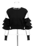 Loose Fit Green Mesh Ruffles Sweatshirt New Round Neck Long Sleeve Women Big Size Fashion Tide Spring Autumn 2023