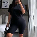 Summer Fashion White Black Casual Women Set Short Sleeve Shirt Tops And Bodycon Shorts Two Piece Sets Outfit Suit
