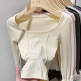 Spicy Fishbone Line Leads The German Velvet Bottomed Shirt And The Girl Wears A Slim And Short White Blouse In The Autumn And Winter Long-Sleeved T-Shirt-Outfit