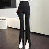 Split Zipper Buttons Women Trousers Korean Fashion Casual Office Lady Black Flare Pants Female High Waist Long Pants