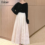 Skirts Women Lace Ankle-length High Waist Skirt for Ladies Loose Casual Retro Soft Korean Streetwear Trendy All-match