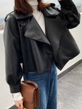 VAREY LIN New Autumn Winter Women Pu Motorcycle Biker Red Coat Faux Leather Jacket Turndown Collar Loose Black Punk