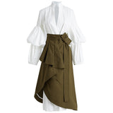 Skirt Two Piece Set Female V Neck Puff Sleeve Big Size Long Dress With High Waist Lace Up Ruched Irregular