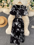 Casual Women Lace Patchwork Printed Bodycon Dress Ladies Office Elegant V-Neck Short Sleeve High Waist Vestidos With Sashes