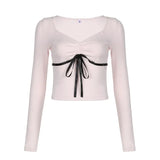 Cropped Top Pink Sweet Contrast Ribbons Lace-up Coquette Aesthetic Slim Folds V-neck Knitted T-shirts Fall Cute Tee-Outfit