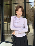 Xixi 2025 Autumn White Standard Korean Version Of Elegant Temperament Solid Color Tie With Thin Knitted Shirt Top Lady