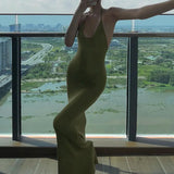 Bodycon Long Dresses for Women 2024 Sleeveless Halter Solid Color Backless Tie-Up Low-Cut Evening Party Dress Club Wear-Outfit