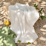 Linen-Based Lilies Design Feel Small Gentle And Comfortable Temperament Asymmetric Collar Short-Sleeved Shirt