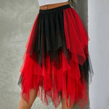 Women Midi Skirts Summer Contrast Color/Solid Color Elastic High Waist Irregular Ruffles Multi-Layered Tulle Tutu Skirts-Outfit