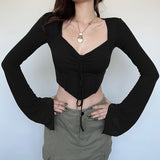 Autumn / Winter Women's Wear Ins Trend Brand Online Celebrity Hot Girl Hanging Neck Fishbone Square Collar Sexy Navel Revealing Thin T-Shirt Woman-Outfit