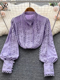 Senior Hook Flowers Autumn Top Temperamant Long Sleeve Single Breasted Loose 2022 Ladies Korean Solid OL Long