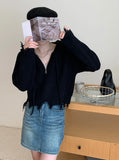 Autumn And Winter New Simple Fringed Broken-Rimmed Hooded Sweater Loose Korean Version Short Zipper Sweater-Outfit