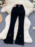 Retro Split Denim Trousers Female Casual Loose Wide Leg Pants Ladies Hight Waist Thin Streetwear Autumn Flare