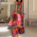 Fashion Hanging Neck Tie Dye Design Fluffy Cake Dress In Autumn