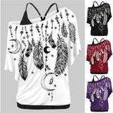 Women Shirts Blouses Summer 2021 Feather Print One Shoulder Top Casual Ladies Sexy Tops Skew Neck Shirts