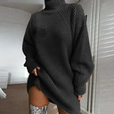 Turtleneck Sweater Dresses Autumn Solid Loose Knitted Dress Elegant Long Sleeve Oversized Winter Female Mini Sweater