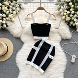 Knitted Fashion Striped Women Sets Summer 2022 Slash Neck Korean Style Elastic Waist Ladies Mini Skirt Two Piece