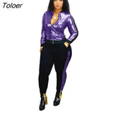 Gold Silver Sequin Patchwork 2piece Matching Tracksuit Set Women Streetwear Fall Black Jacket Pants Side Stripe
