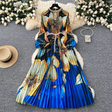 Elegant Dress Women Fashion Nail Ball Collar Hollow Pressure Folding Lantern Sleeves To Print Long