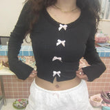 Multi Cute Bow Single-breasted Knitted Top Y2K Lace Trim Solid Japanese Lolita Style Cropped Tops Sweet T-shirt Tees New-Outfit