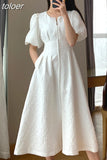 French Holiday White Dress Short Puff Sleeves Zipper Front A Line Slim Dress Vestidos Elegant Party Dress Summer